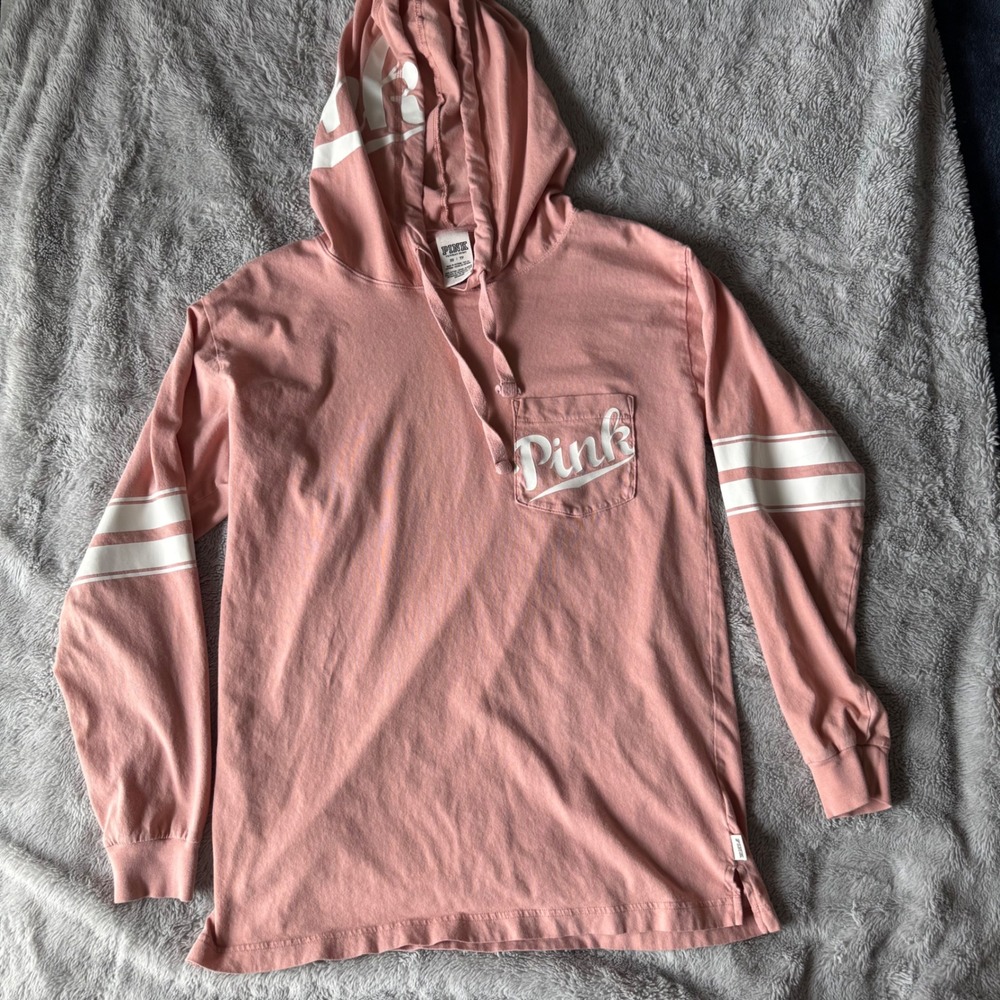 Victoria's Secret PINK Hooded Long Sleeve T-Shirt Pink Varsity Stripe‎ XS